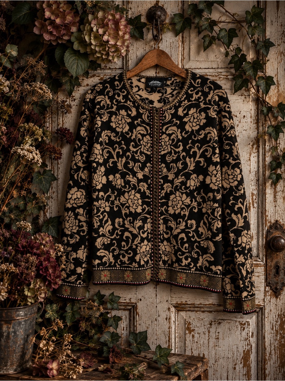Vintage Icelandic Design Cardigan M Black Tan Damask Floral Jacquard Cotton Rayo